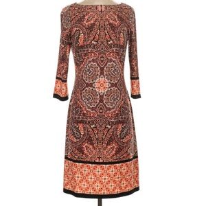 London Times Coral Black Sz 12 Paisley Jersey Dress Stretch 3/4 Sleeves Shift